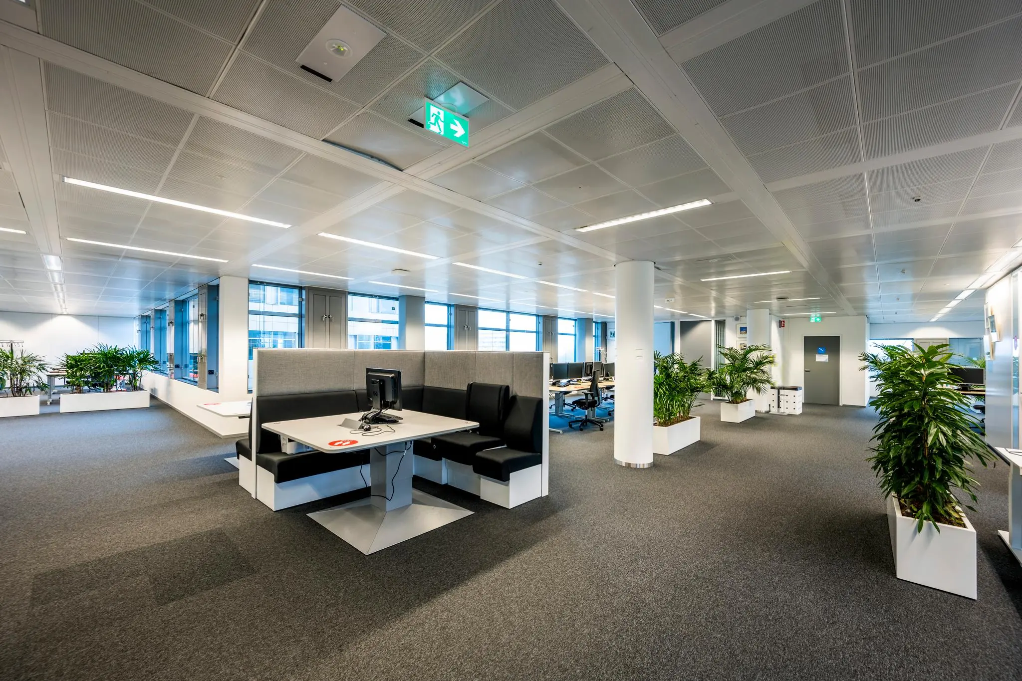 Modern en ruim kantoorpand aan de Burgemeester Rijnderslaan met open werkplekken, vergaderhoek en veel groene planten.